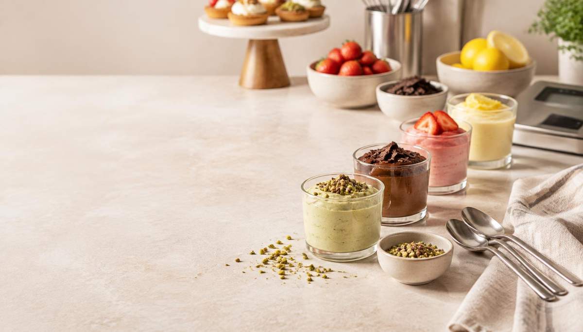 Bancada com copos de mousse de pistache, chocolate, morango e limão (imagem ilustrativa)